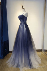 Blue Gradient Straps Tulle Long Party Dress with Lace Blue Junior Prom Dress prom dresses shops